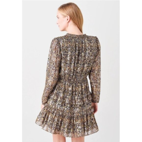 ba&sh Paris Mini Dress Sze2 Medium Printed Long Sleeve Ruffle Tiered V Neck Kaki - Picture 16 of 16